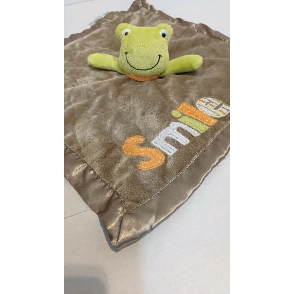 Carters Green Frog Brown Square SMILE Rattle Satin Trim Security Lovey 15X15